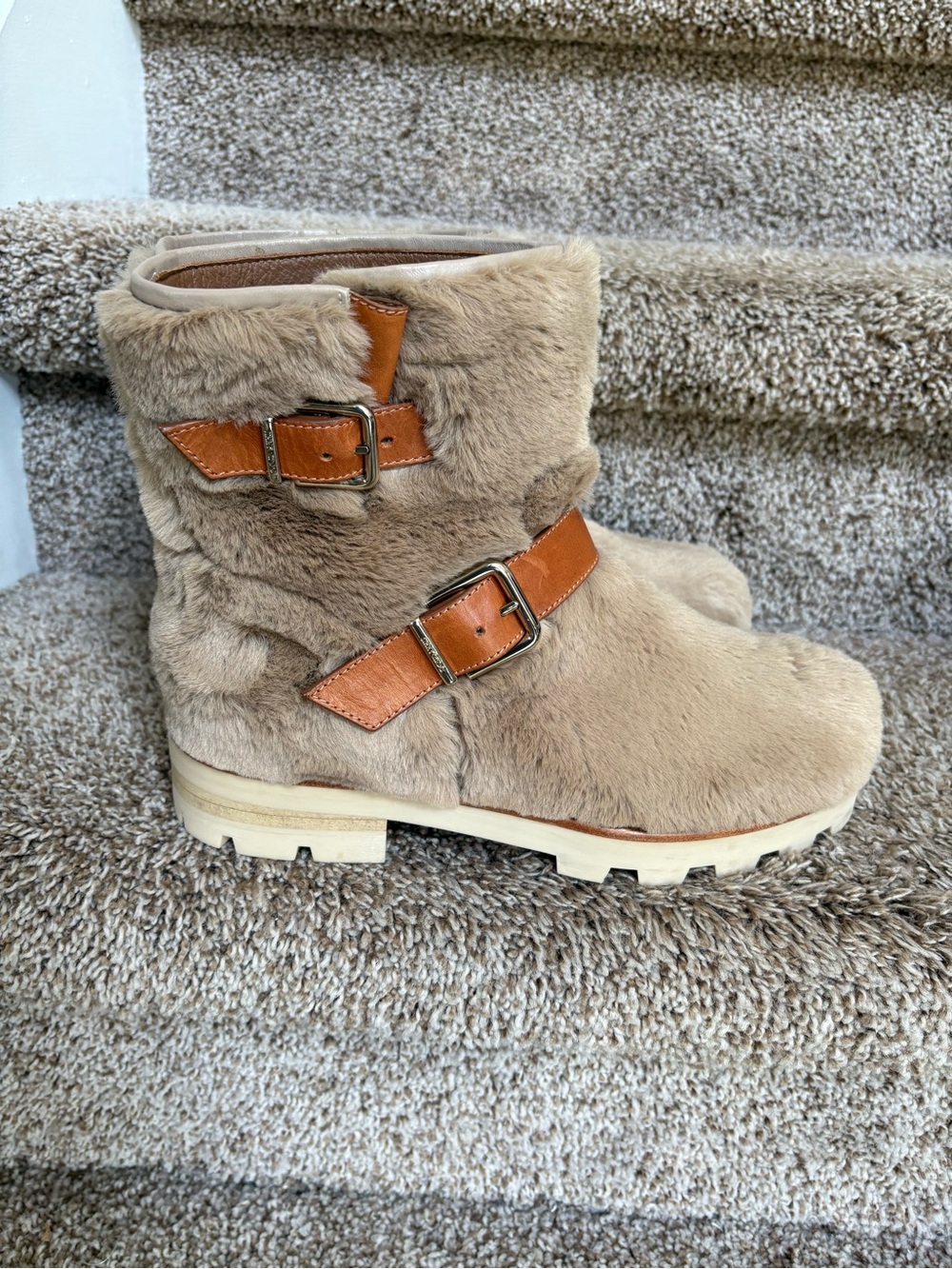 Jimmy Choo London Teddy Women’s Faux Fur Tan Buckle Ankle Boots